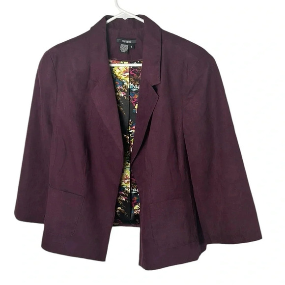 Burgundy microsuede,vegan  blazer,size  18,open front,boxy,notch lapel,career,EC - Picture 6 of 8